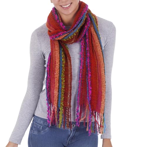 NOVICA Artisan Handmade Baby Alpaca Blend Scarf Woven Striped Multicolored from Peru Wool Accessories Scarves Wrap Bohemian ' Bohemian Rainbow'