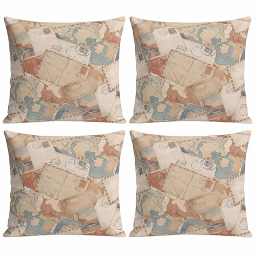 Set of 4 Retro Envelope Pillow Covers 16x16 Inch, Travel