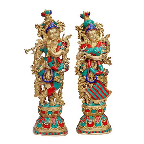 Image of AONA Brass Pair of Radha Krishna - Big Size - Brass Radha Krishna Kishan Murti Idol Statue Sculpture (29 inch) (Big Radha Krishna) (Orange), Idol