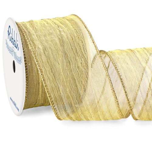 Ribbli Gold Crinkled Wired Ribbon 2.5 Inch with Metallic Wavy Christmas Ribbon for Cristmas Tree Topper Bow Wreaths Swags Gift Wrapping Wedding Decoration-Countinuous 10 Yard