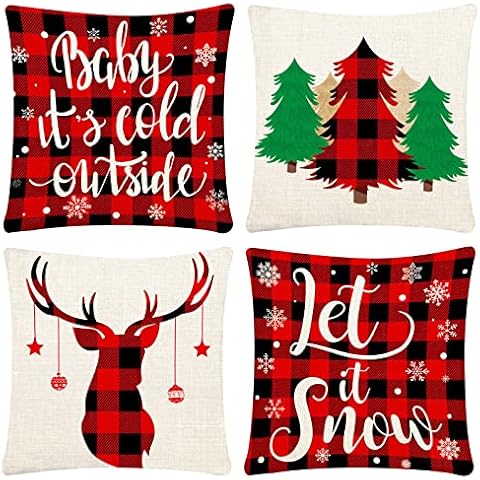 Christmas Pillow Covers 18x18 Set of 4 Merry Christmas Pillow Covers for Home Decorations, Black and Red Plaid Pillow Covers Holiday Rustic Linen Pillow Case Cover
