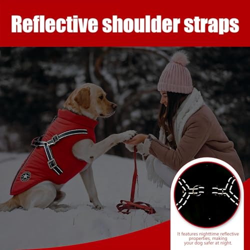 Hundejacke Winterweste Jacken, Hundejacke mit Geschirr, Hundemantel Wasserdicht, Warmer Hunde Wintermantel, Hunde Winterweste gefüttert, Maschinen Waschbarer, Wasserdicht (XL, Rot)