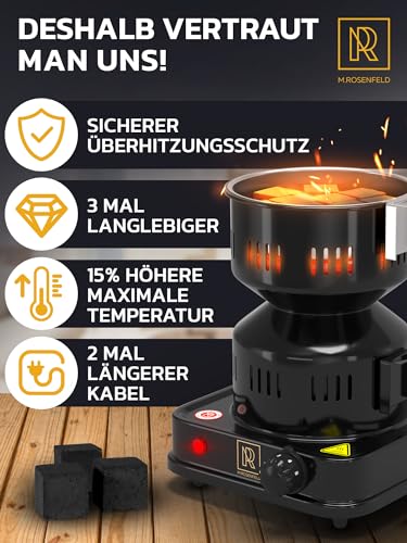 M. ROSENFELD Shisha Kohleanzünder Elektrischer – FIRE Tower 3.0 Kohlenanzünder mit extra langem 150cm Kabel, abnehmbarem Kohlekorb und 2 Zangen. 304er Stahl Spirale für längere Haltbarkeit!