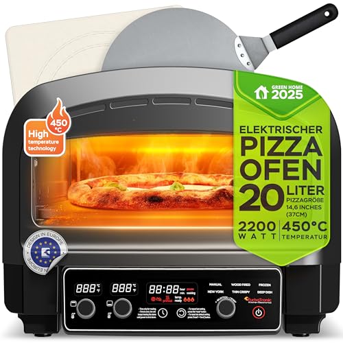 Elektrischer Pizzaofen bis 450&deg;C f&uuml;r 37cm (14,6") gro&szlig;e Pizza New York mit Pizzastein Indoor/Outdoor 2200W Garten f&uuml;r Zuhause kleine Back Ofen Tisch Flammkuchen mobiler inkl. Pizzaschieber
