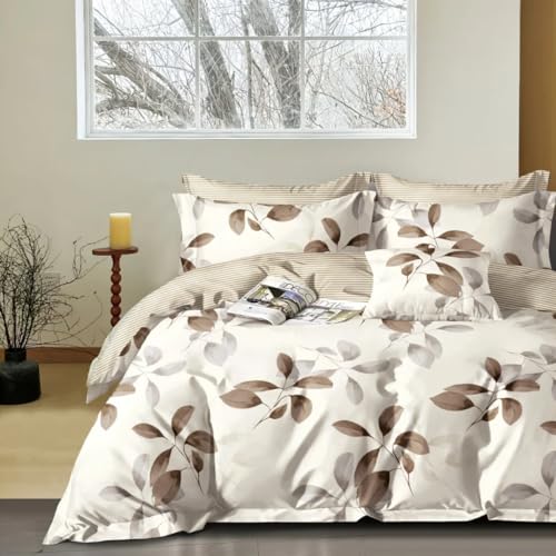 Générique Housse de Couette 220x240 cm 100% Coton Naturel – Parure 3 Pièces avec 2 Taies d’Oreiller 65x65 cm – Imprimée – Tissage 57 Fils/cm² – Volant Piqué 5 cm – Douce et Confortable (Nature)