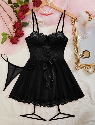 Avidlove Plus Size Lingerie for Women Sexy Lace Babydoll Mesh Chemise Boudoir Nighty with Garter Belt2