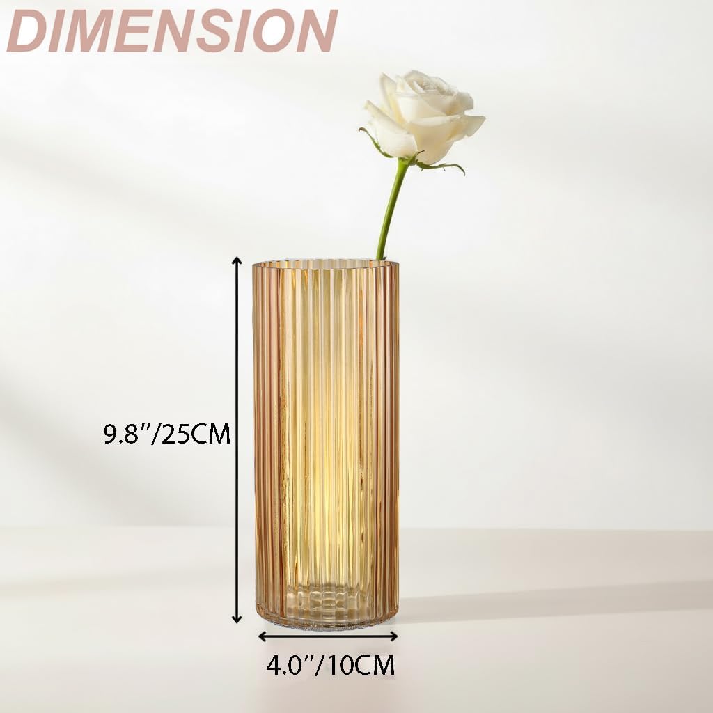 Amber Glass Vase, Flower Vase, Ribbed Glass Vase, Modern Vase for Flowers, Tall Glass Vase for Living Room, Dining Table, Office, Wedding, Bookshelf, 10 Inches