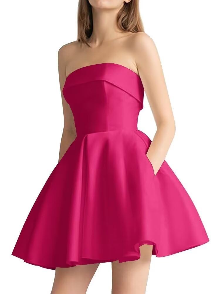 Tvuyet Strapless Homecoming Dresses for Teens 2026 Satin A Line Short Prom Dress with Pockets Formal Evening Gowns