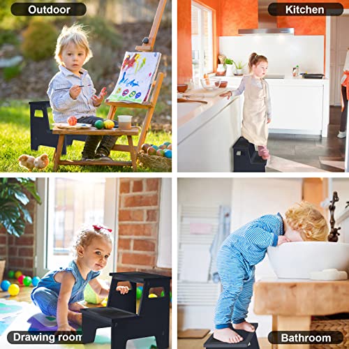 Kids Step Stools For Toddlers Bathroom Wood Toddler Step Stool Kitchen Counter Sink Baby Stepstools Bamboo Wooden Foot Bed Stool For Child Potty Training Toilet Stool Stepping Stool, Black With Pads #TOP4