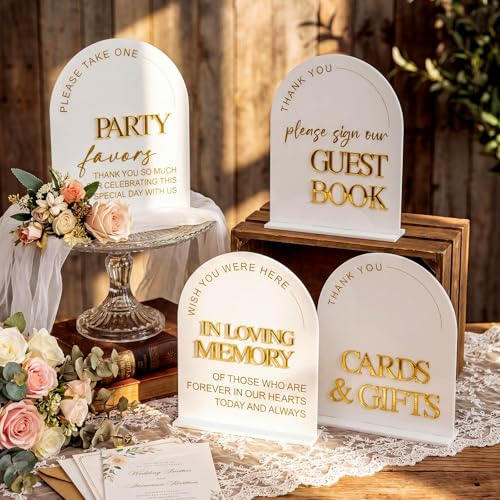 Amyhill 4 Pcs Arched Large Acrylic Wedding Signs for Reception and Ceremony 8x10 Inch in Loving Memory Table Sign with Stand 3D Golden Letter Wedding Table Decor for Cards and Gifts Guestbook Marriage