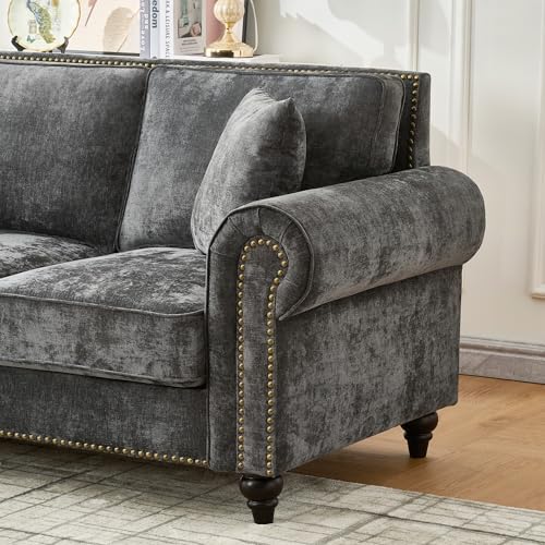 Image of KEIKI 87 inch Oversized Chenille Sofa with Rolled Arms and Nailhead Trim, Upholstered Modern Style 3-Seater Couch with High-Density Foam Cushions, Easy Assembly, for Apartment, Living Room, Grey