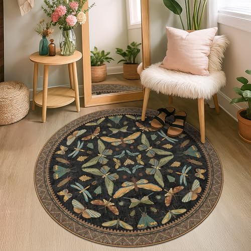 Black Boho 4ft Round Small Rugs for Entryway Non Slip - Washable Insect & Floral Rug for Living Room, Kitchen, Low Pile Soft Stain Resistant Carpet, V