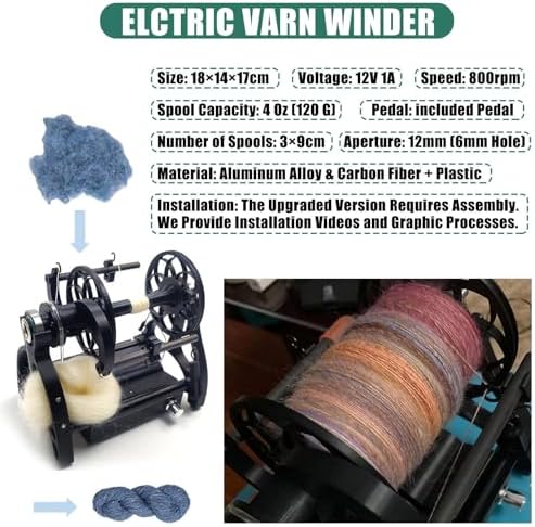 Smart Yarn Spinner Machine, Electric Spinning Wheel, 120g Capacity Spinner Wheel with Foot Switch & 3 Spools, Forward/Reverse, 12v Drum Carder, Adjustable Speed