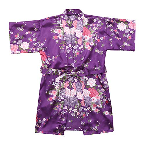TYUSGH Bata de satén para niñas, con estampado floral, bata de baño para boda, spa, fiesta, Morado (, 7-8 años