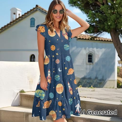 Image of Womens Summer Dress Ruffle Sleeve V Neck Dress Casual Fit Flowy Beach Vacation Sundress with Pocket S-2XL