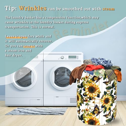 Image of Sunflower Butterfly Laundry Basket Oxford Cloth Hamper 18.9x16.5 Inch | Foldable With Handle Tote Bag Floral Laundry Hamper Clothes Storage Bucket Toy Organizer For Bathroom /Laundry /Bedroom