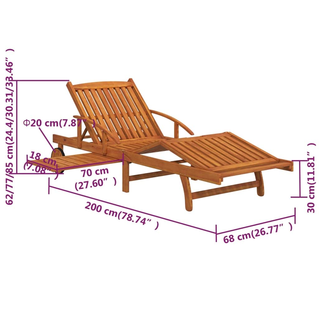 Leżak ogrodowy, zestaw 2 szt., z litego drewna akacjowego, regulowany z kółkami i stołem wysuwanym, na taras, balkon, basen, kemping, składany, odporny na warunki atmosferyczne, komfortowy