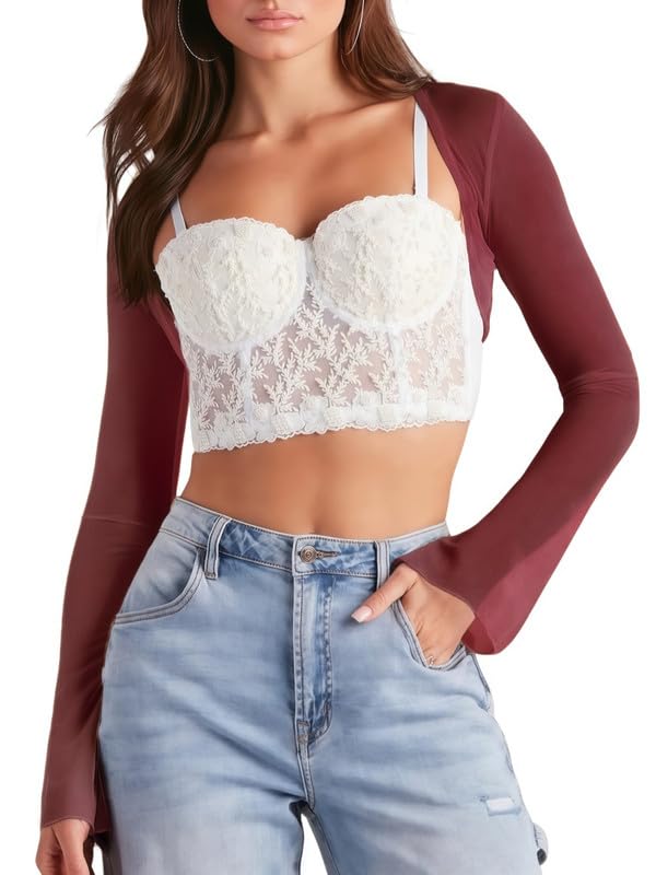 Sukiglam Boléro Femme Manches Longues Bolero Court en Maille Transparent Élégante Veste Devant Ouvert Casual Cardigan Sexy Boléros Manches Évasées Fine...