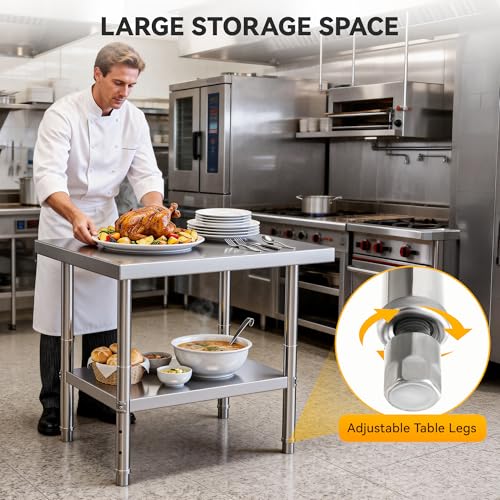 Image of DWVO 30x24in Stainless Steel Table with Adjustable Shelf | NSF Metal Prep Worktable for Kitchen Restaurant Hotel Garage Warehouse Home Commercial
