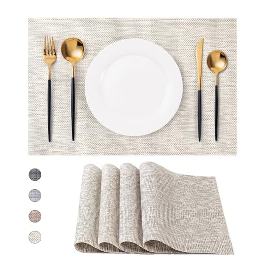 CADONO Placemats Set of 4 Washable Indoor/Outdoor Vinyl Place Mats for Dining Table Durable Non-Slip Heat Resistant PVC Weave Table Mats（Beige）