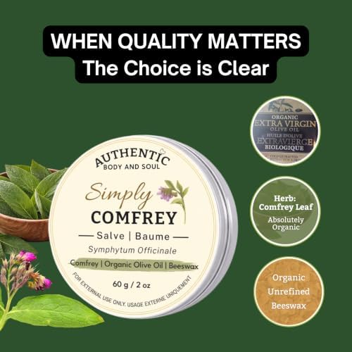 Comfrey Salve, Comfrey Leaf Infused Organic Cold-Pressed Olive Oil, Natural Unrefined Organic Beeswax from Alberta, Unscented Herbal Botanical | 2 oz, by Authentic Body And Soul - 1