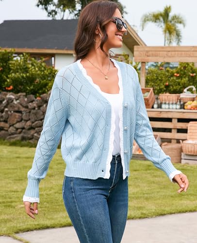 V For City 240522AW0017BLB-M Cropped Crochet Cardigan For Women Knit Scollaped Sweater Trim V Neck Pearl Button Shrugs Fall 2024 Light Blue Medium thumb #3