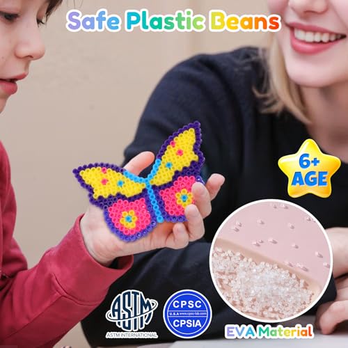 VynyQoo Bügelperlen Set, 8200 Stück 5 mm Bügelperlen in 48 Farben mit Bügelperlen Platten, Bügelpapier, Schlüsselringen, Pinzette – DIY Bastelset, für Kinder, Jungen & Mädchen