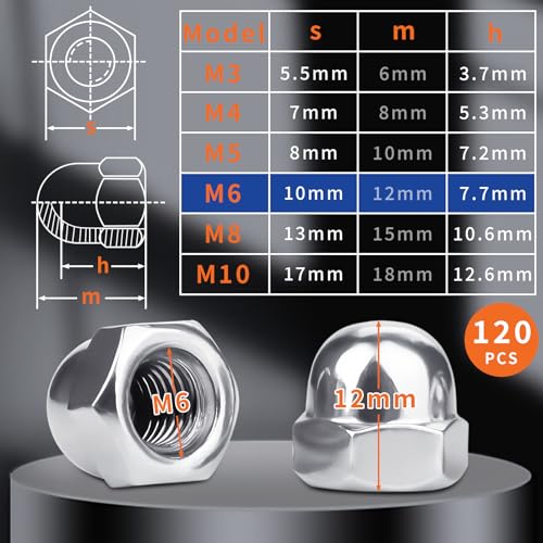 SWTYExt 120 Pcs Nut Caps M6 Dome Cap Nuts A2 V2A Metric 304 Stainless Steel Acorn Dome DIN 1587 Thread Hex for Motorcycle Bicycles Furniture Lighting Saddle - Image 2