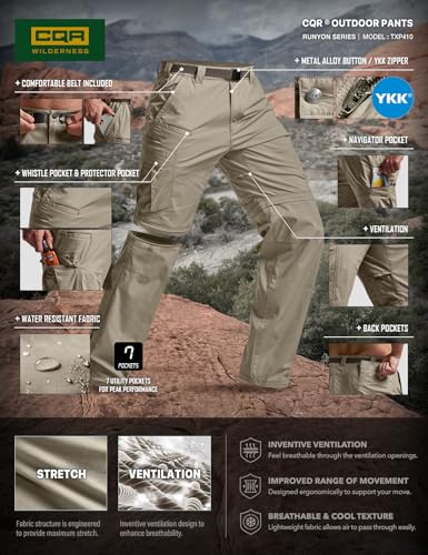 Image of CQR Men's Convertible Cargo Tactical Pants, Water Resistant Outdoor Hiking Pants, Zip Off Lightweight Stretch Work Pants