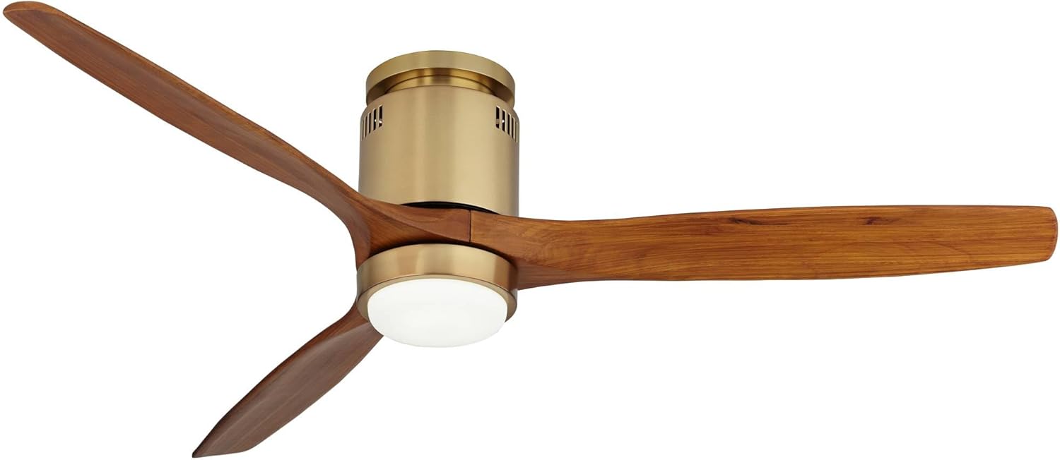 Casa Vieja 52" Windspun Modern Indoor Ceiling Fan 3 Blade LED Light Remote Control Soft Brass Finish Motor Walnut Finish Wood Blades Bedroom Living Room Kitchen Office Hugger DC Motor Flush Mount