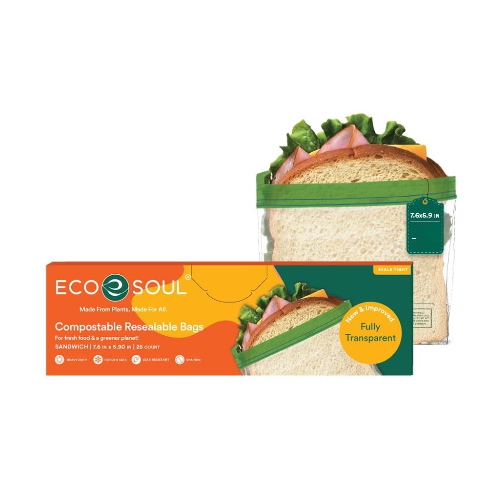 ECO SOUL 100% Compostable Sandwich Bags [50 Counts][7.25"x6"] Resealable Bags for Food, Freezer, Eco-friendly Zip, Reusable Biodegradable