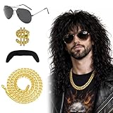 GWAWG Ensemble de Perruque Rocker Mulet Bouclée Noire Lunettes de Disco Années 80, Collier Chaîne Or Factice, Moustache, Bague HipHop Accessoires Punk Popstar pour Carnaval, Halloween Party