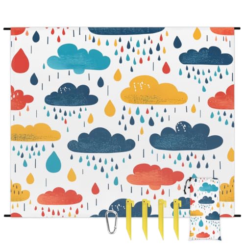 Eabrults Waterproof Sandproof Beach Blanket, 59''×68'' Rainbow Clouds Polyester Outdoor Picnic Blanket with 4 Stakes & Storage Bag for Beach,Camping,Vacation Multi-Color