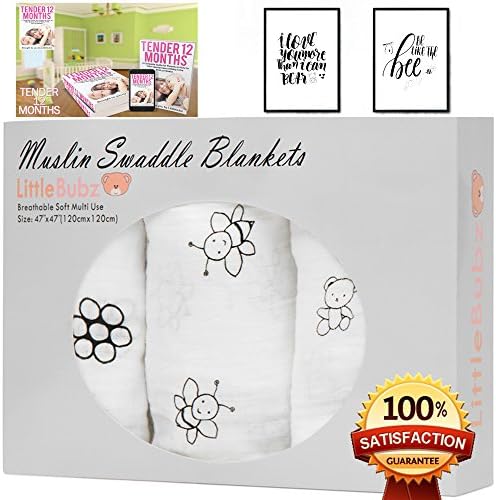 Muslin Swaddle Blankets, Cotton Baby Receiving Blanket, (Black and White, 47" X 47", Set of 3) by LittleBubz for Newborn Boys and Girls. BONUS E-Book & Printables