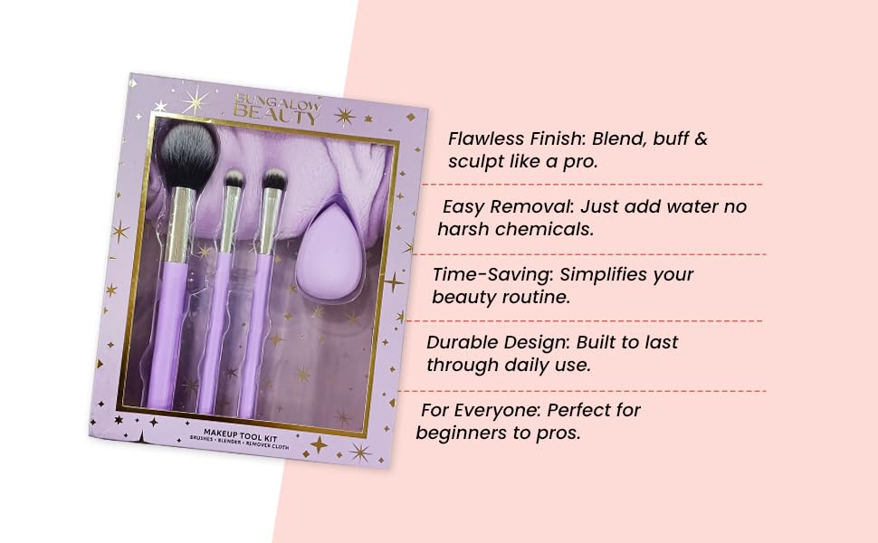 Bungalow Beauty Makeup Brushes and Blending Sponge Set – Premium Foundation, Eyeshadow & Powder Brush Kit with Beauty Blender and Remover Cloth – Soft Synthetic Bristles for Flawless Makeup Application – Professional Makeup Set, Purple 1