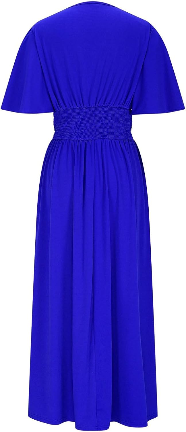 HGps8w Women's Summer Flutter Sleeve V-Neck Midi Dress Trendy Casual Ruched High Waist A-Line Flowy Beach Dresses