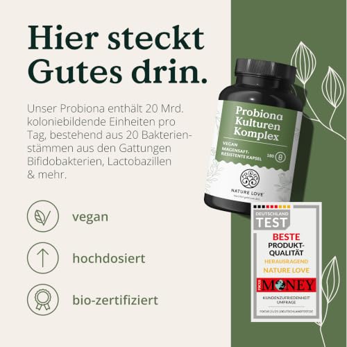 Nature Love Probiona Kulturen Komplex – abgestimmte Bakterienstämme – 300 Mrd. KBE/g – 180 Kapseln, magensaftresistent, vegan – mit Lactobacillus & Bifidobakterien, 20 Mrd. KBE/Tag, 3 Monate