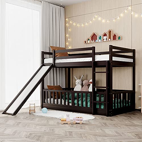 Image of Bellemave Twin Over Twin Floor Bunk Bed with Slide and Ladder, Low Bunk Bed for Kids, Girls, Boys, Removable Fence, Bunk Bed with Slide, Espresso