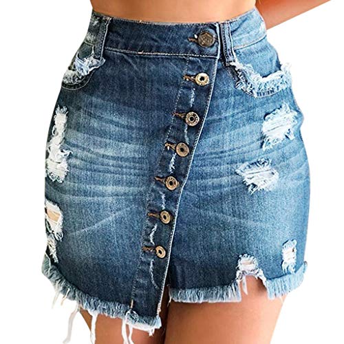 Women s Casual Distressed Ripped A-Line Denim Short Skirt Button Down Front Denim Short Skirt with Side Pocket
