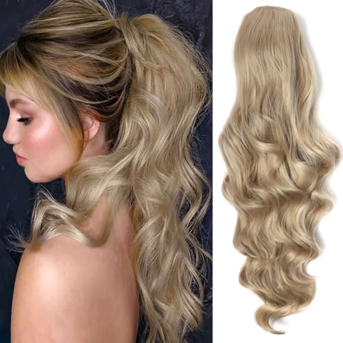 PORSMEER 26 Inch Long Body Wave Ponytail hair Extension, Synthetic Heat Resistant Wrap Around Drawstring Curly Wavy Ponytail Clip in Hairpieces for Women (Light Ash Brown)