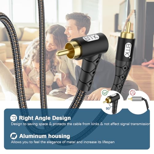 Image of EMK 90 Degree RCA Subwoofer Cable 24K Gold-Plated Connector Nylon Braided Double Shielded - Support Digital & Analog Signals for Amplifier, Home Theater, Hi-Fi System,Subwoofer Black /15ft /5m
