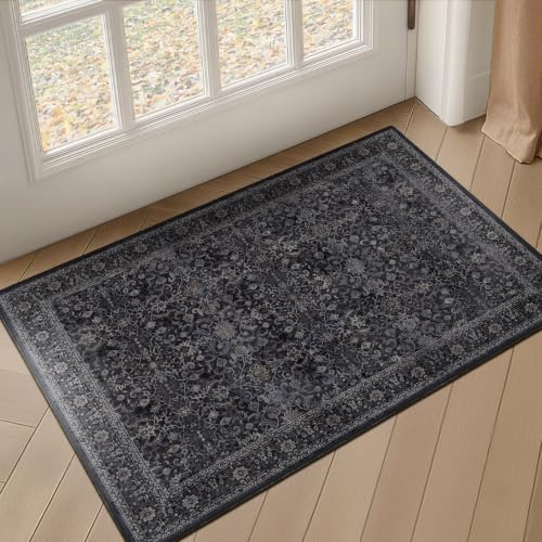 Image of Dark Entryway Rug 2x3, Kitchen Rugs Non Slip Washable, Low Pile Ultra Thin Door Mat Indoor Entrance, Small Carpet for Bedroom Bathroom, Vintage Farmhouse Earth Tone Midnight