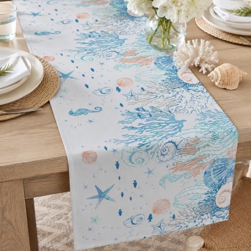 Image of Coastal Beach Table Runner, Watercolor Starfish Seashell Coral Pattern Faux Linen, Nautical Ocean Dining Decor for Summer Home Party 13x120 Inch