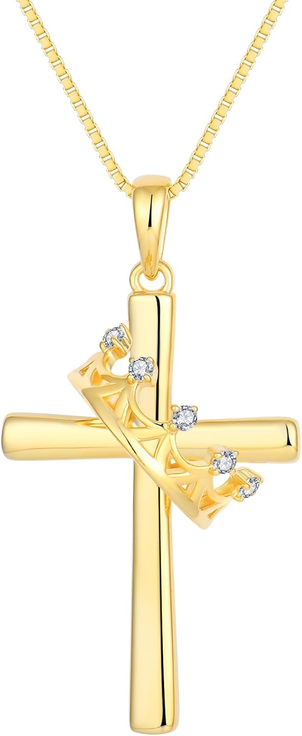 Cross and Crown Necklace for Women 925 Sterling Silver Rose Gold Plated Pendant Necklaces Rotatable Crown Cross Necklace Jewelry