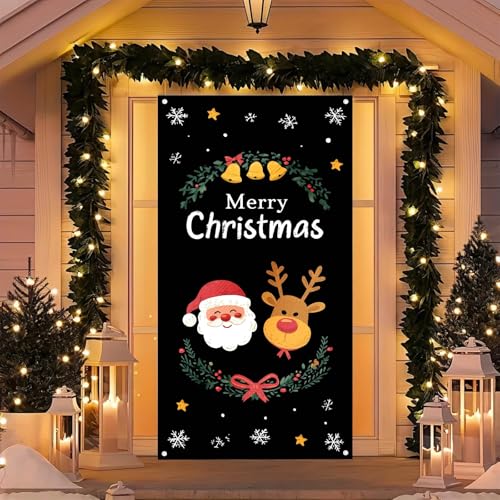 Image of BlissYard Christmas Door Cover Santa Reindeer Black 35x71 Inch Polyester