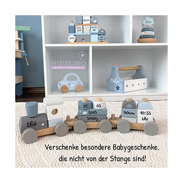 KIDSLINO Holz Eisenbahn blau - personalisierbar I Geschenk zur Geburt Jungen I Handmade Holzspielzeug mit Steckformen I… – Bild 6