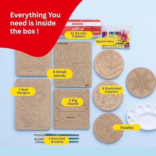 Image of Kores Kalamkari Art Kit for Kids (8-18 Years) | Traditional Indian Art DIY Kit | Paint 4 Coasters & 2 Wall Hangers | 40+ Elements | Creative & Educational Craft Set