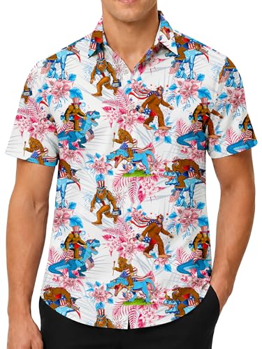 Mens Hawaiian Shirt Short Sleeve Casual Button Down 4th of July Patriotic America Flag Printed Summer Beach Vacation Funny Shirts for Men White