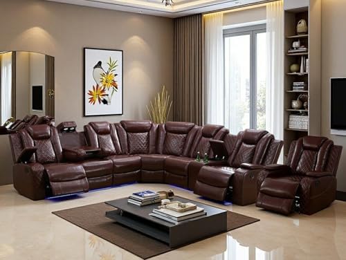 Power Reclining Sectional Sofa Set with LED Light,Leather Sectional Couches, Living Room Furniture Sets, Modern Power Recliner Sofa Sets with Cup Holder for Living Room(Brown) - Thumbnail 2