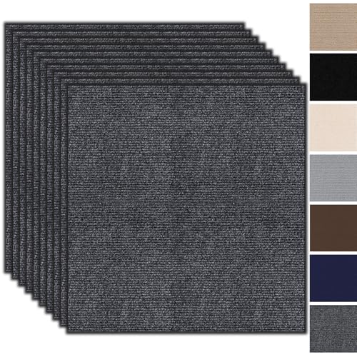 Azulejos de moqueta autoadhesivos, 50 x 50 cm, juego de 10 unidades, 2,5 m², alfombra con respaldo, resistente alfombra de suelo para vivienda, oficina, comercio, gris oscuro
